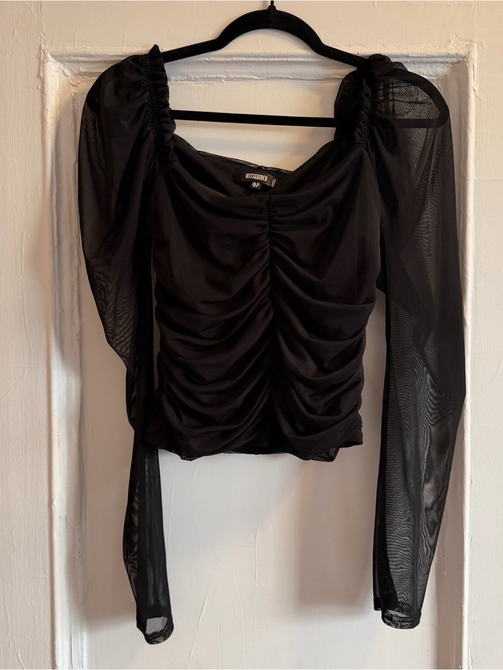 Missguided Black Ruched Sheer Sleeve Crop Top